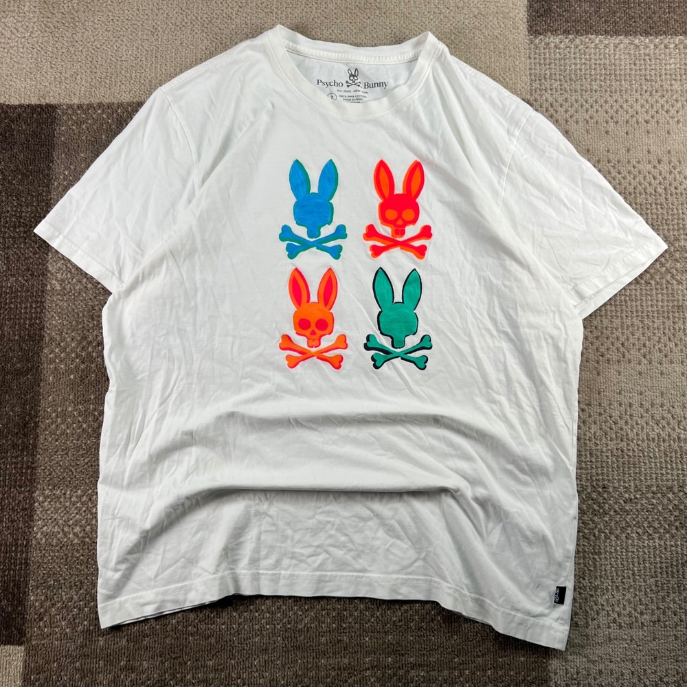 Psycho Bunny Mens White Multi Graphic Logo Pima Cotton T-Shirt Size 7 XL